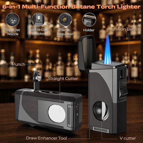 6-in-1 Butane Torch Lighter with 3 Jet Flame, Built-in V & Straight Cutter, Punch, Holder, Draw Enhancer, Windproof & Refillable Lighters, Cool lighters with Gift Box, Gifts for Men, Candle, Travel in Saudi Arabia