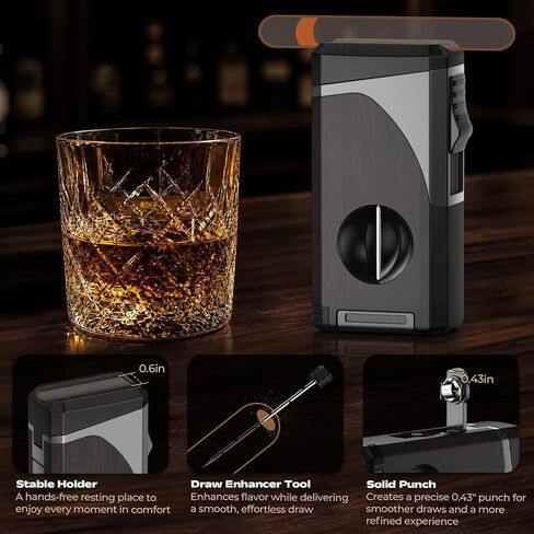 6-in-1 Butane Torch Lighter with 3 Jet Flame, Built-in V & Straight Cutter, Punch, Holder, Draw Enhancer, Windproof & Refillable Lighters, Cool lighters with Gift Box, Gifts for Men, Candle, Travel in Saudi Arabia