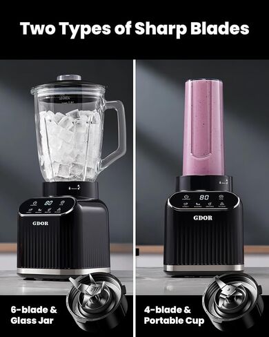 GDOR Smoothie Blender for Kitchen,1200W Glass blender with 5 Smart Programs | Professional Blender with 52oz Jar & 24oz To-Go Cup, 6-leaf Blade for Ice Cubes, Frozen Fruits, and Shakes, Self-Clean, Black in Saudi Arabia