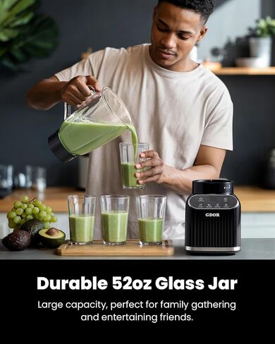 GDOR Smoothie Blender for Kitchen,1200W Glass blender with 5 Smart Programs | Professional Blender with 52oz Jar & 24oz To-Go Cup, 6-leaf Blade for Ice Cubes, Frozen Fruits, and Shakes, Self-Clean, Black in Saudi Arabia