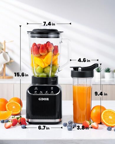 GDOR Smoothie Blender for Kitchen,1200W Glass blender with 5 Smart Programs | Professional Blender with 52oz Jar & 24oz To-Go Cup, 6-leaf Blade for Ice Cubes, Frozen Fruits, and Shakes, Self-Clean, Black in Saudi Arabia