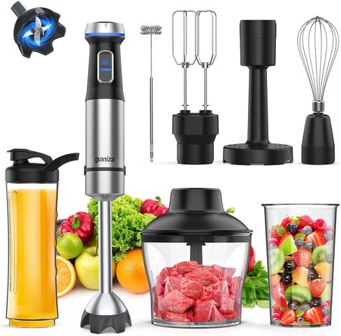 Ganiza Immersion Blender Handheld Corded 8 in 1 Hand Blender Max 1000W | 16 Speed Stick Emulsifier with Beaker, Chopper, Whisk, Frother, Potato Masher and Portable Bottle for Soup, Puree, Smoothies in Saudi Arabia
