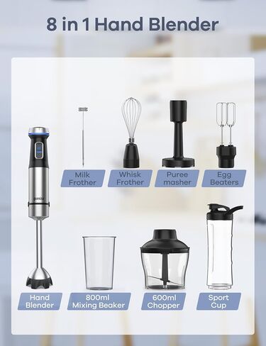Ganiza Immersion Blender Handheld Corded 8 in 1 Hand Blender Max 1000W | 16 Speed Stick Emulsifier with Beaker, Chopper, Whisk, Frother, Potato Masher and Portable Bottle for Soup, Puree, Smoothies in Saudi Arabia