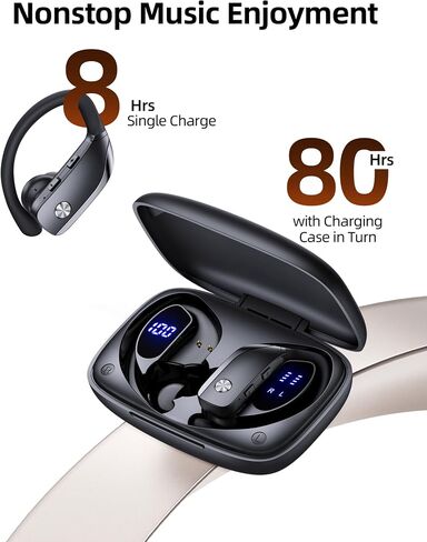 Wireless Earbuds Bluetooth Headphones Over Ear Hooks Ear Buds with 80H Playtime, LED Power Display, Dual Mic Clear Calls, Sports Wireless Ear Buds Bluetooth Earbuds for Running Gym Workout (Black) in Kuwait