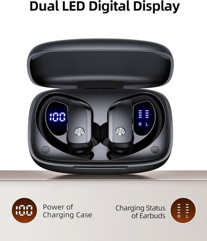 Wireless Earbuds Bluetooth Headphones Over Ear Hooks Ear Buds with 80H Playtime, LED Power Display, Dual Mic Clear Calls, Sports Wireless Ear Buds Bluetooth Earbuds for Running Gym Workout (Black) in Kuwait