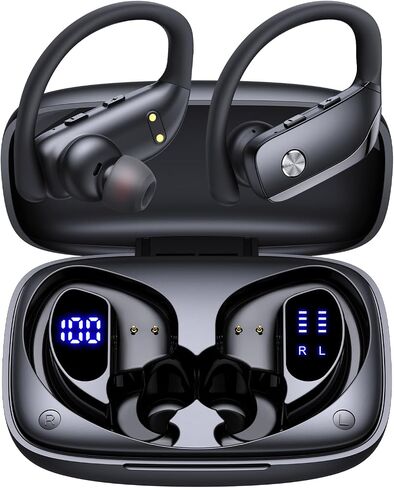 Wireless Earbuds Bluetooth Headphones Over Ear Hooks Ear Buds with 80H Playtime, LED Power Display, Dual Mic Clear Calls, Sports Wireless Ear Buds Bluetooth Earbuds for Running Gym Workout (Black) in Saudi Arabia