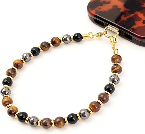Natural Tiger's Eye Beaded Phone Wrist Strap,Handmade Stone Bead Phone Charm Chain with Golden Spacer Beads, Clear Patch & Lanyard, Trendy Boho Jewelry Accessory for Women & Men in Saudi Arabia