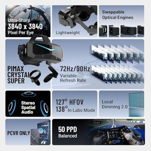 Pimax Crystal Super VR Headset,57PPD & 3840x3840 Resolution per Eye,Ultra-Sharp Image,106° Wide Field of View, Ideal for Flight simulators & VR Games in Saudi Arabia