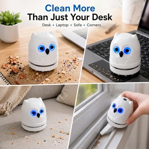 Mini Desktop Vacuum Cleaner Cordless Desk Vacuum | USB C Rechageable, Cute Owl Shapeed, Low Noise Tabletop Vac for Cleaning Crumbs, Hair, Paper Scraps on Computer Keyboard Car in Saudi Arabia