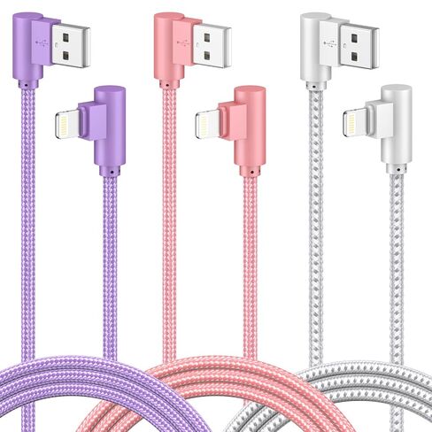 USB A to Lightning Cable, 3PCS 10FT iPhone Charger, 90 Degree Cable | Lightning Cable, Nylon Braided Fast Charging Cord for iPhone 14/13/12/11/X/Max/8/7/6/6S/5/5S/SE/Plus/iPad in Saudi Arabia