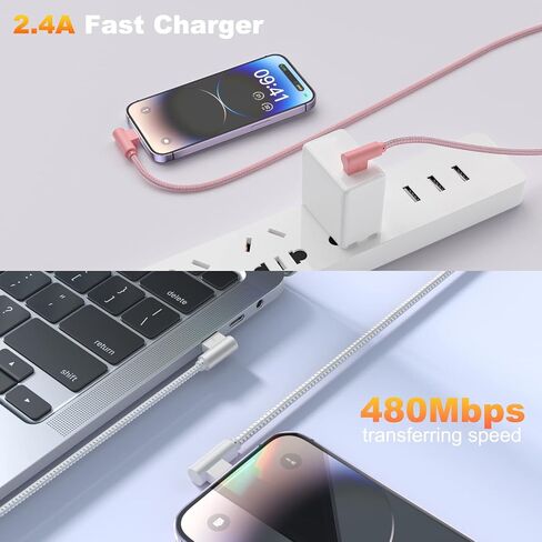 USB A to Lightning Cable, 3PCS 10FT iPhone Charger, 90 Degree Cable | Lightning Cable, Nylon Braided Fast Charging Cord for iPhone 14/13/12/11/X/Max/8/7/6/6S/5/5S/SE/Plus/iPad in Saudi Arabia