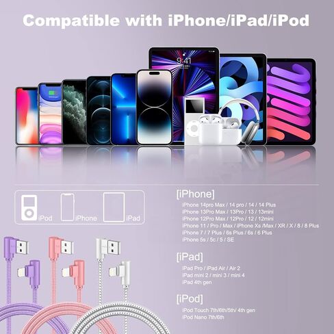 USB A to Lightning Cable, 3PCS 10FT iPhone Charger, 90 Degree Cable | Lightning Cable, Nylon Braided Fast Charging Cord for iPhone 14/13/12/11/X/Max/8/7/6/6S/5/5S/SE/Plus/iPad in Saudi Arabia