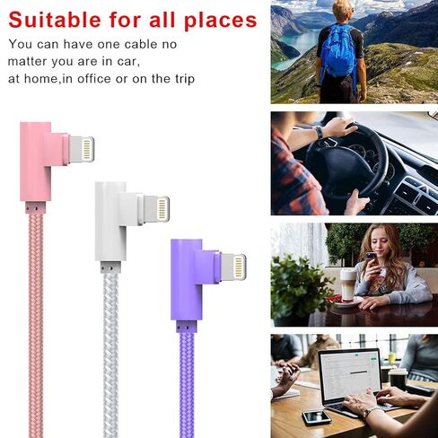 USB A to Lightning Cable, 3PCS 10FT iPhone Charger, 90 Degree Cable | Lightning Cable, Nylon Braided Fast Charging Cord for iPhone 14/13/12/11/X/Max/8/7/6/6S/5/5S/SE/Plus/iPad in Saudi Arabia