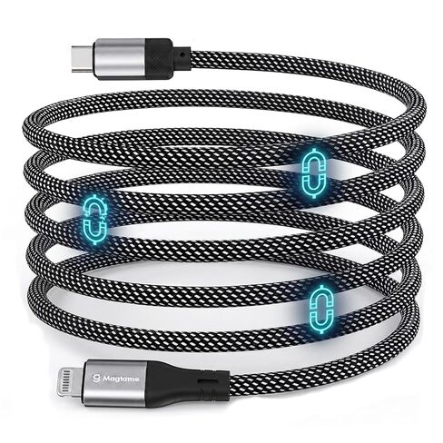 5FT Coiled Magnetic USB C to Lightning Cable, Self Winding Charger | Silver-Black Braided Type C to Lightning Charging Cord Anti Tangling for Car Desk Bed Compatible with iPhone 14 13 12 11 in Saudi Arabia