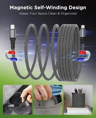 5FT Coiled Magnetic USB C to Lightning Cable, Self Winding Charger | Silver-Black Braided Type C to Lightning Charging Cord Anti Tangling for Car Desk Bed Compatible with iPhone 14 13 12 11 in Saudi Arabia