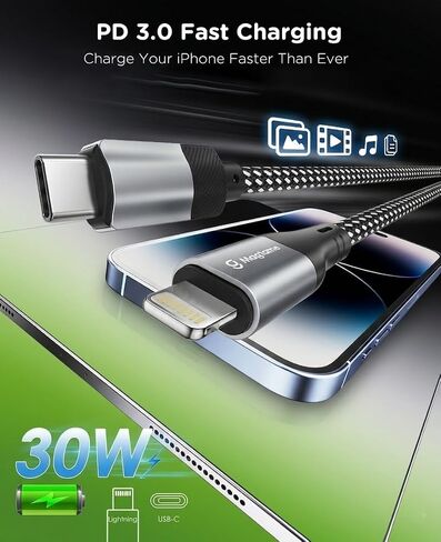 5FT Coiled Magnetic USB C to Lightning Cable, Self Winding Charger | Silver-Black Braided Type C to Lightning Charging Cord Anti Tangling for Car Desk Bed Compatible with iPhone 14 13 12 11 in Saudi Arabia