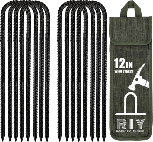 RIY Tent Stakes Heavy Duty High Wind Ground Anchors 12 Inch Galvanized Steel Rebar Stakes for Tent, Dog Fence, Trampoline, Yard Decorations, J Shaped 8 Pack Black in Saudi Arabia