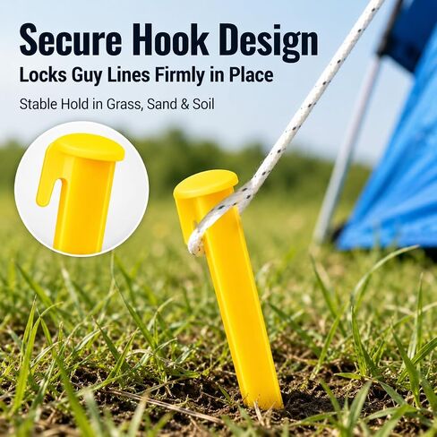 10 Pack Plastic Tent Stakes, Heavy Duty 5.7 Inch Canopy Stakes with Hook, Camping Pegs for Grass, Sand, and Soil, Lightweight Tent Accessories for Backyard, Beach, and Outdoor Activities, Yellow in Saudi Arabia