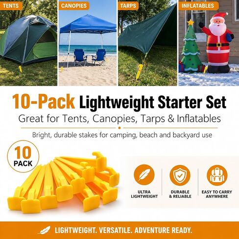 10 Pack Plastic Tent Stakes, Heavy Duty 5.7 Inch Canopy Stakes with Hook, Camping Pegs for Grass, Sand, and Soil, Lightweight Tent Accessories for Backyard, Beach, and Outdoor Activities, Yellow in Saudi Arabia