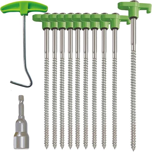 10-Pack 8" Heavy Duty Screw in Tent Stakes, Drill-in Non-Rust Ground Anchor Pegs, Metal Tent Accessories for Camping, Garden, Hiking, Green in Saudi Arabia