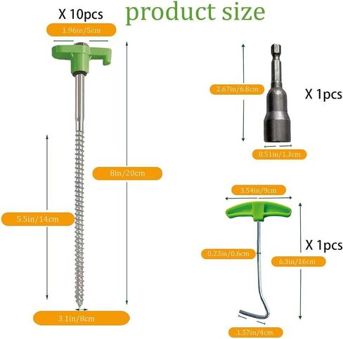 10-Pack 8" Heavy Duty Screw in Tent Stakes, Drill-in Non-Rust Ground Anchor Pegs, Metal Tent Accessories for Camping, Garden, Hiking, Green in Saudi Arabia
