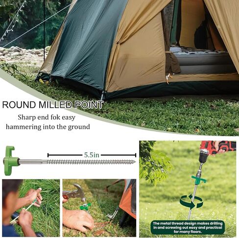 10-Pack 8" Heavy Duty Screw in Tent Stakes, Drill-in Non-Rust Ground Anchor Pegs, Metal Tent Accessories for Camping, Garden, Hiking, Green in Saudi Arabia