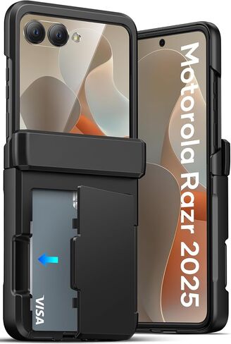 محفظة ATATOO لهاتف Motorola Razr 2025، حامل بطاقات (3 بطاقات)، أسود | حماية المفصلات، واقي شاشة عالي الدقة، حماية من السقوط من الدرجة العسكرية، غطاء هاتف واقٍ متين لهاتف Moto Razr 2025 in Kuwait