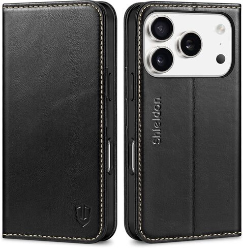 محفظة SHIELDON من الجلد الأصلي لهاتف iPhone 17 Pro 6.3 بوصة، بني قديم | غطاء مغناطيسي فليب، حجب RFID، حامل بطاقة الائتمان، مسند، تصميم كتاب، غطاء هاتف ممتص للصدمات in Kuwait