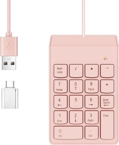 NOOX Wired Number Pad with USB to USB-C Adapter, Pink | Numeric Keypad 18 Keys, Portable Financial Number Keyboard, 10 Key USB Keypad for Laptop, Desktop, Surface Pro, Notebook in Saudi Arabia