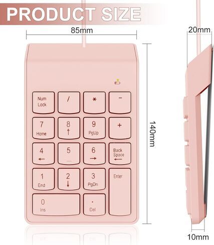 NOOX Wired Number Pad with USB to USB-C Adapter, Pink | Numeric Keypad 18 Keys, Portable Financial Number Keyboard, 10 Key USB Keypad for Laptop, Desktop, Surface Pro, Notebook in Saudi Arabia