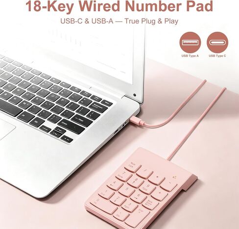 NOOX Wired Number Pad with USB to USB-C Adapter, Pink | Numeric Keypad 18 Keys, Portable Financial Number Keyboard, 10 Key USB Keypad for Laptop, Desktop, Surface Pro, Notebook in Saudi Arabia