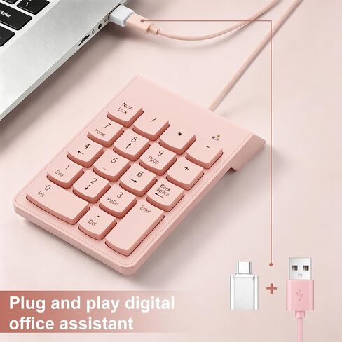 NOOX Wired Number Pad with USB to USB-C Adapter, Pink | Numeric Keypad 18 Keys, Portable Financial Number Keyboard, 10 Key USB Keypad for Laptop, Desktop, Surface Pro, Notebook in Saudi Arabia