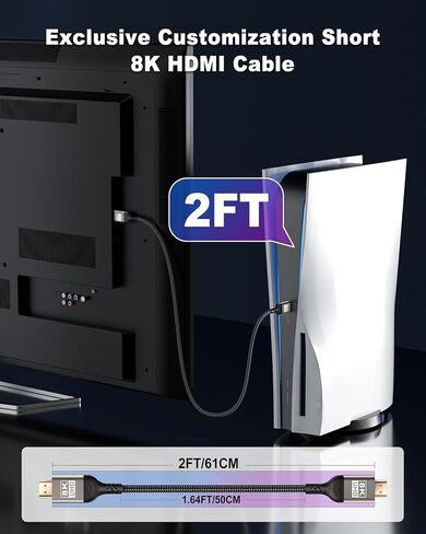 Short HDMI Cable 2FT, 8K HDMI 2.1 Cable 2Pack, High Speed HDMI Cord | Braided HDMI Cord 2 Foot, 48Gbps, 8K@60Hz, 4K@120Hz, eARC, HDR10+, HDCP2.3, Compatible for PS5, Monitor, Camera, TV Box, HDTV in Saudi Arabia