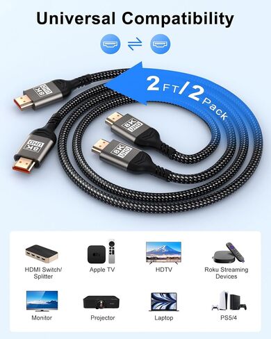 Short HDMI Cable 2FT, 8K HDMI 2.1 Cable 2Pack, High Speed HDMI Cord | Braided HDMI Cord 2 Foot, 48Gbps, 8K@60Hz, 4K@120Hz, eARC, HDR10+, HDCP2.3, Compatible for PS5, Monitor, Camera, TV Box, HDTV in Saudi Arabia