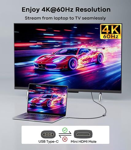 USB-C to Mini HDMI Cable, 4K@60Hz, 2K@120Hz, 1080p@120Hz, 6FT | Type-C to Mini HDMI, 4K HDR/ARC, Thunderbolt 4/3, Aluminum Shell, MacBook Pro/Air, iPhone 15/16/17, Galaxy S26/25, iPad Pro in Saudi Arabia