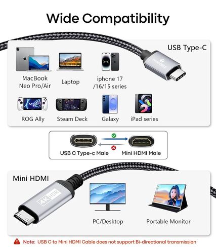 USB-C to Mini HDMI Cable, 4K@60Hz, 2K@120Hz, 1080p@120Hz, 6FT | Type-C to Mini HDMI, 4K HDR/ARC, Thunderbolt 4/3, Aluminum Shell, MacBook Pro/Air, iPhone 15/16/17, Galaxy S26/25, iPad Pro in Saudi Arabia