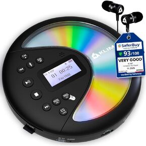 KLIM Discover - Portable CD Player with Long-Lasting Battery - New - with Headphones - Radio FM - Compatible MP3 CD Player Portable - SD Card, FM Transmitter, Bluetooth - Ideal for Cars in Saudi Arabia