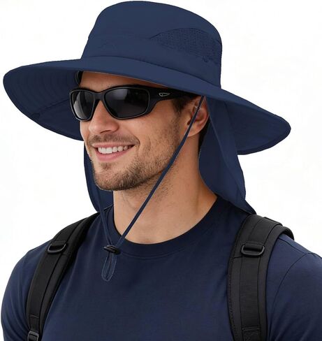 ZOORON UPF 50+ Wide Brim Sun Hat with Neck Flap, Laser Cut Mesh Fishing Hat, Water-Resistant Bucket Hat for Men Women Outdoor in Kuwait