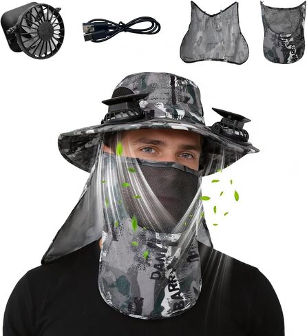 FUNHORUN Fishing Hat with Dual Fans, Solar Powered Fan Hat for Men Women | Wide Brim Bucket Hat with Fans, Cool Solar Fishing Hat with Neck Flap, Umbrella Hat for Camping, Hiking & Outdoor Activities in Saudi Arabia