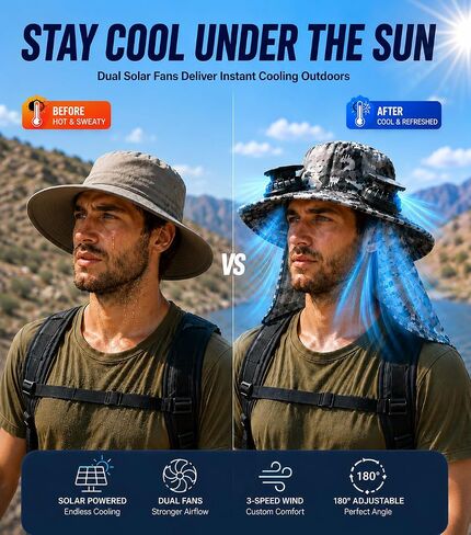 FUNHORUN Fishing Hat with Dual Fans, Solar Powered Fan Hat for Men Women | Wide Brim Bucket Hat with Fans, Cool Solar Fishing Hat with Neck Flap, Umbrella Hat for Camping, Hiking & Outdoor Activities in Saudi Arabia