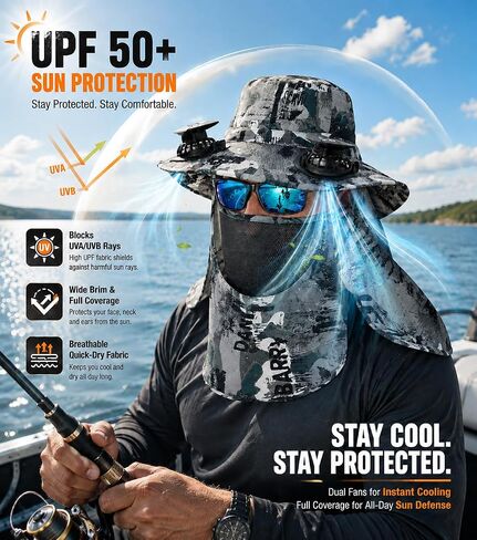 FUNHORUN Fishing Hat with Dual Fans, Solar Powered Fan Hat for Men Women | Wide Brim Bucket Hat with Fans, Cool Solar Fishing Hat with Neck Flap, Umbrella Hat for Camping, Hiking & Outdoor Activities in Saudi Arabia