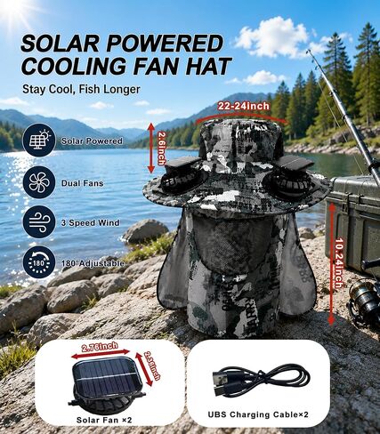 FUNHORUN Fishing Hat with Dual Fans, Solar Powered Fan Hat for Men Women | Wide Brim Bucket Hat with Fans, Cool Solar Fishing Hat with Neck Flap, Umbrella Hat for Camping, Hiking & Outdoor Activities in Saudi Arabia