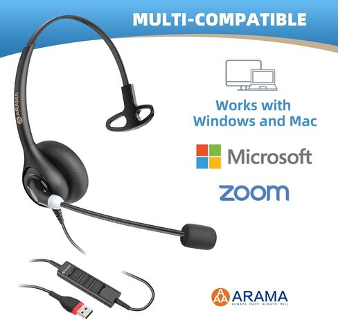 Arama USB Headset with Microphone (A600MONO) – Noise Cancelling, Inline Volume & Mute Control, USB-A & USB-C Compatible for Computer, Laptop, Mac, Zoom, Teams, Skype in Saudi Arabia