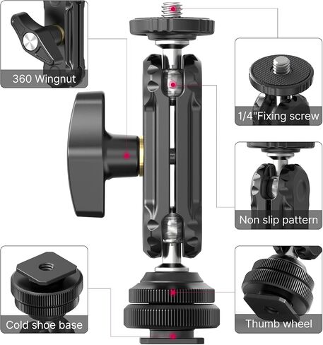 R098 Cold Shoe Monitor Mount, 1/4" Rotatable Dual Ballhead Hot Shoe Mount | Microphone Fill Light Camera Monitor Swivel Bracket Compatible with DJI OSMO 360/Pocket 3/Pocket 4/Insta 360 x 5/Sony/Canon in Kuwait