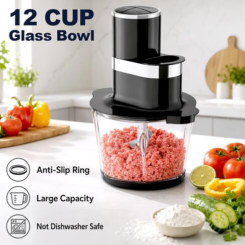 GVODE 12Cup Food Processor,600W Food Chopper,Meat Processor with Glass Bowl | Glass Food Processor for Chopping Meat, Slicing, Shredding, Kneading Dough, Dishwasher Safe, Black in Saudi Arabia