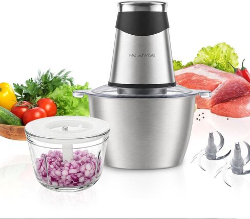 MEGAWISE Food Processor, 800W Electric Meat Grinder with 0.6L Glass Bowl & 1.2L Stainless Steel Bowl, Dual Speed Modes and Bi-Level BladesBlades for Meat, Vegetables, Nuts, Fruits, and Baby Food in Saudi Arabia
