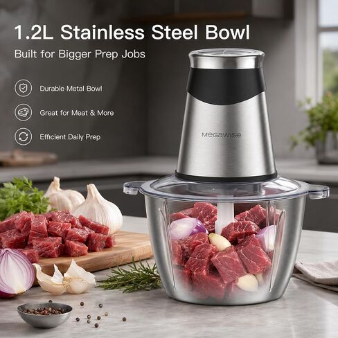 MEGAWISE Food Processor, 800W Electric Meat Grinder with 0.6L Glass Bowl & 1.2L Stainless Steel Bowl, Dual Speed Modes and Bi-Level BladesBlades for Meat, Vegetables, Nuts, Fruits, and Baby Food in Saudi Arabia