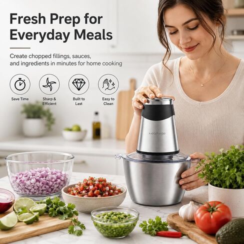 MEGAWISE Food Processor, 800W Electric Meat Grinder with 0.6L Glass Bowl & 1.2L Stainless Steel Bowl, Dual Speed Modes and Bi-Level BladesBlades for Meat, Vegetables, Nuts, Fruits, and Baby Food in Saudi Arabia