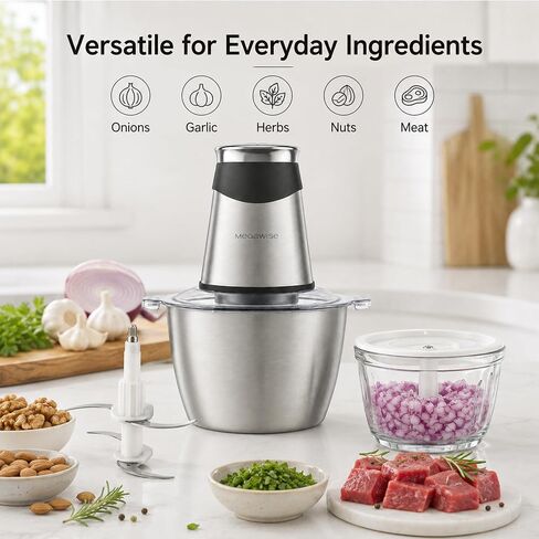 MEGAWISE Food Processor, 800W Electric Meat Grinder with 0.6L Glass Bowl & 1.2L Stainless Steel Bowl, Dual Speed Modes and Bi-Level BladesBlades for Meat, Vegetables, Nuts, Fruits, and Baby Food in Saudi Arabia