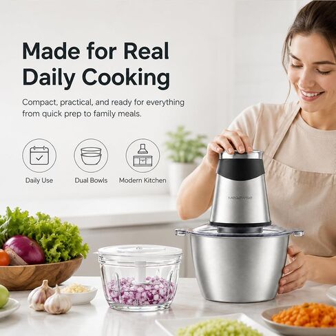 MEGAWISE Food Processor, 800W Electric Meat Grinder with 0.6L Glass Bowl & 1.2L Stainless Steel Bowl, Dual Speed Modes and Bi-Level BladesBlades for Meat, Vegetables, Nuts, Fruits, and Baby Food in Saudi Arabia